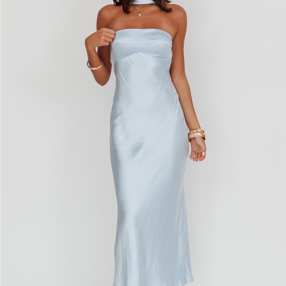 Selfie Leslie Satin Maxi Dress in light blue